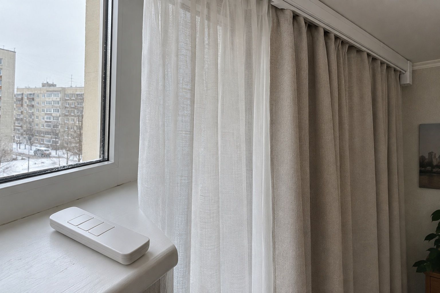 Пульт управления электрокарнизом на подоконнике перед тюлем — иллюстрация