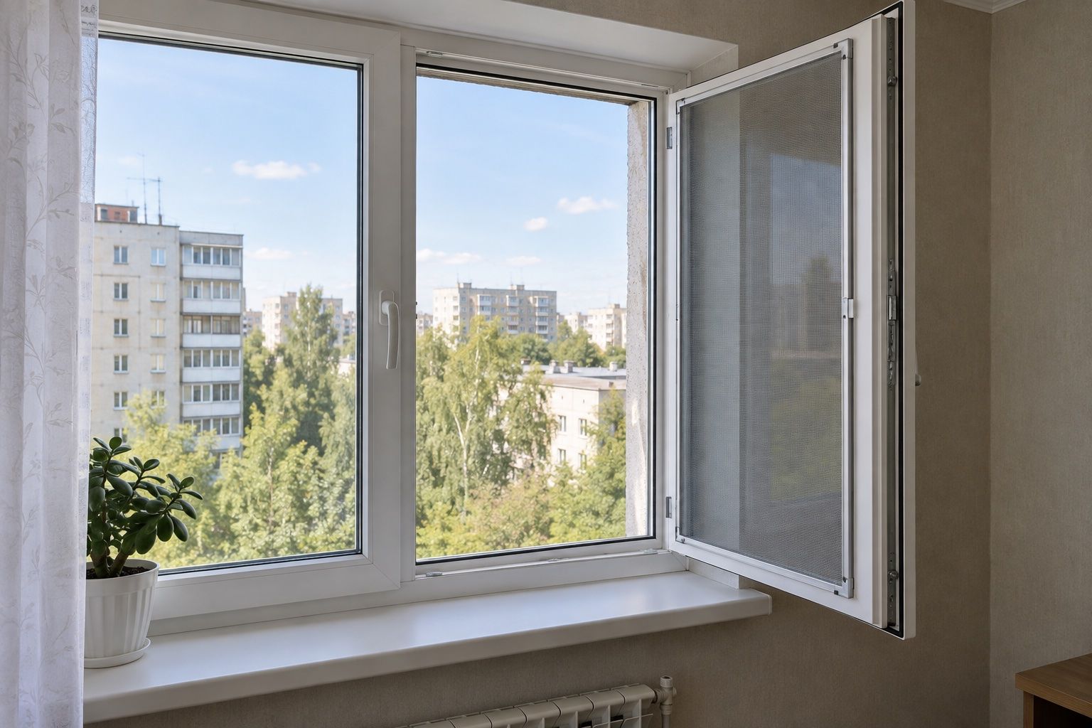 Рамочная москитная сетка на открытой створке пластикового окна, вид из комнаты — иллюстрация